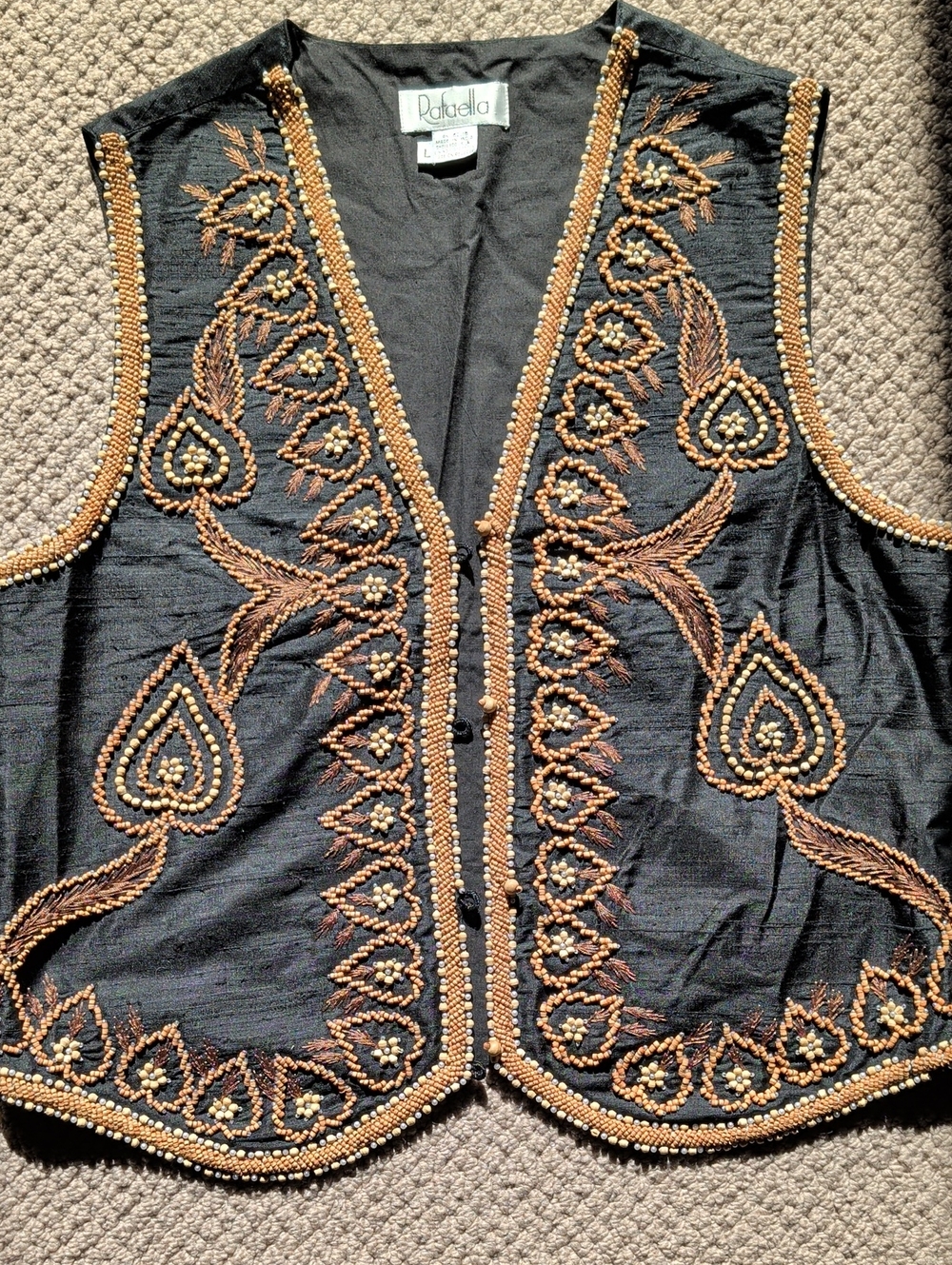 Rafaella Silk Vest Embroidered W/ Wood Beads Shells Vintage Bohemian Black